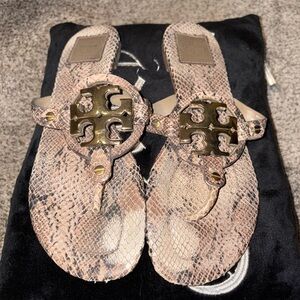 Tory Burch Beige Snakeskin Sandals with Gold Logo